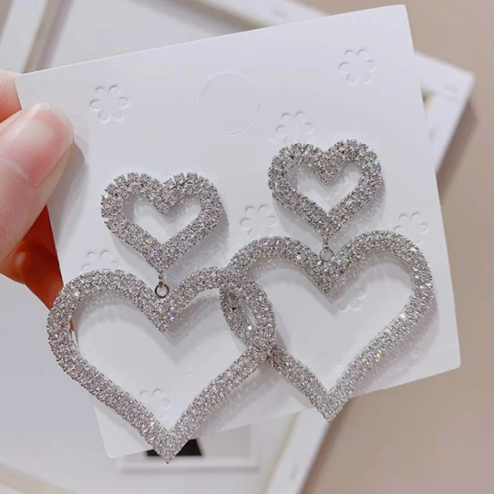 Rhinestone Heart Drop Earrings Statement Earrings Gold or Silver - Picture 6 of 13